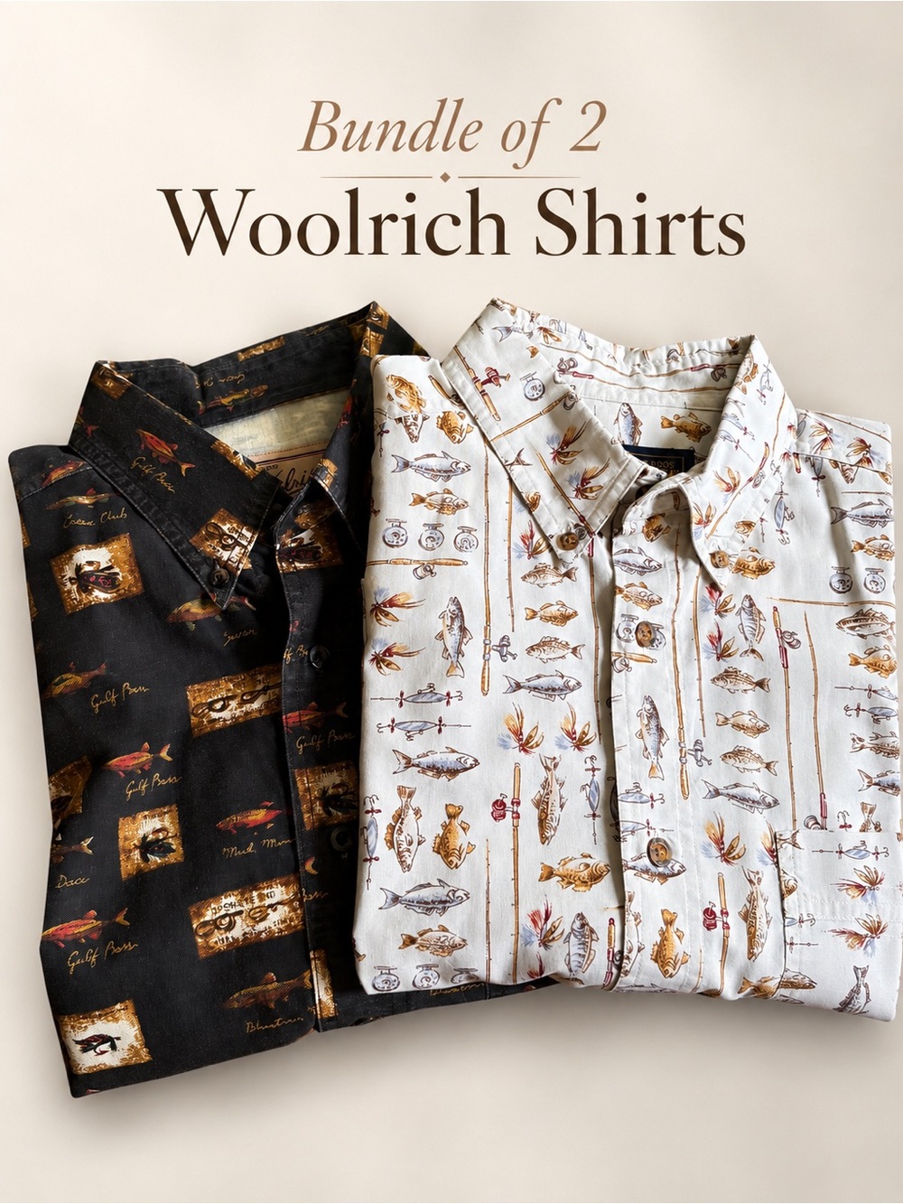 Bundle of 2 Woolrich Fishing Shirts Men XL Outdoors Fish Print Button Up